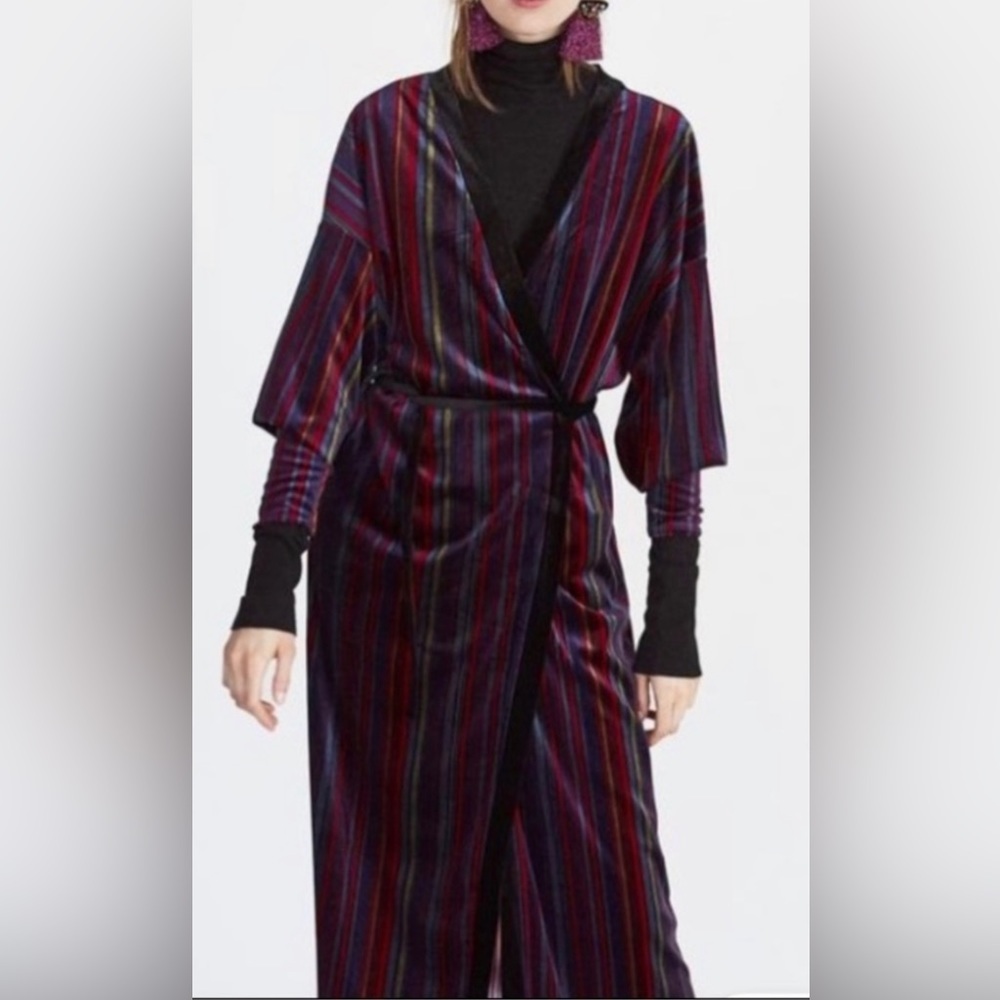 Zara Striped Velvet Long Sleeve Maxi Wrap Dress M